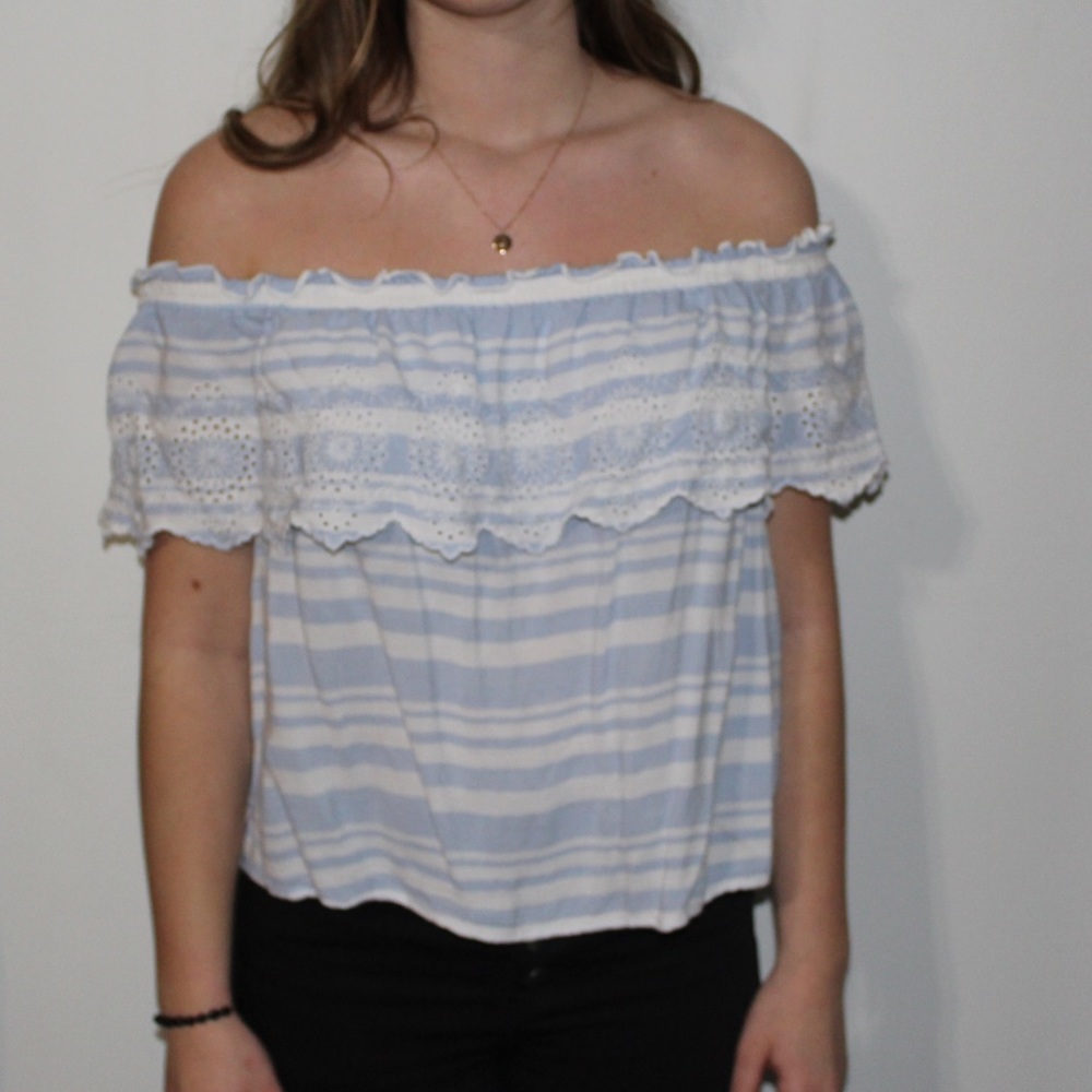 Blue and white striped off the shoulder top